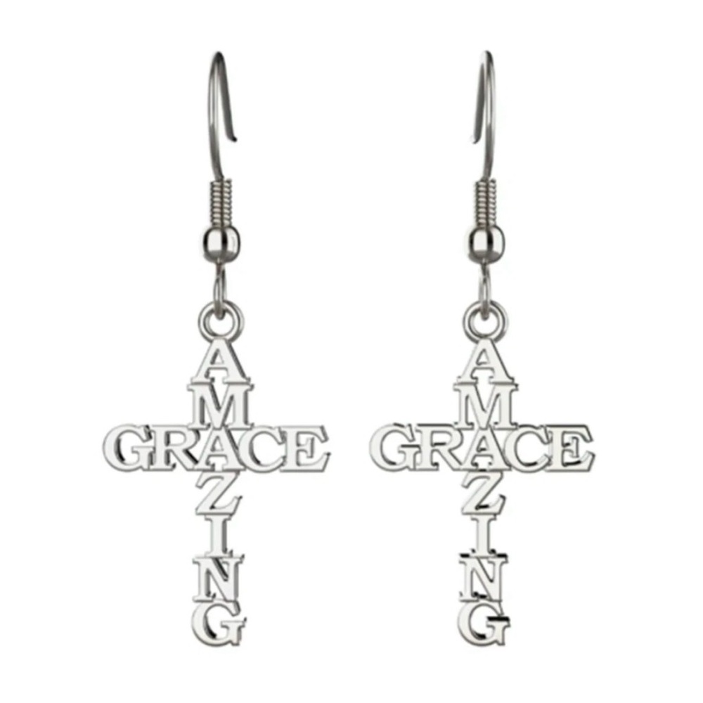 Silver Amazing Grace Cross Earrings, Stainless Steel - Picture 6 of 6